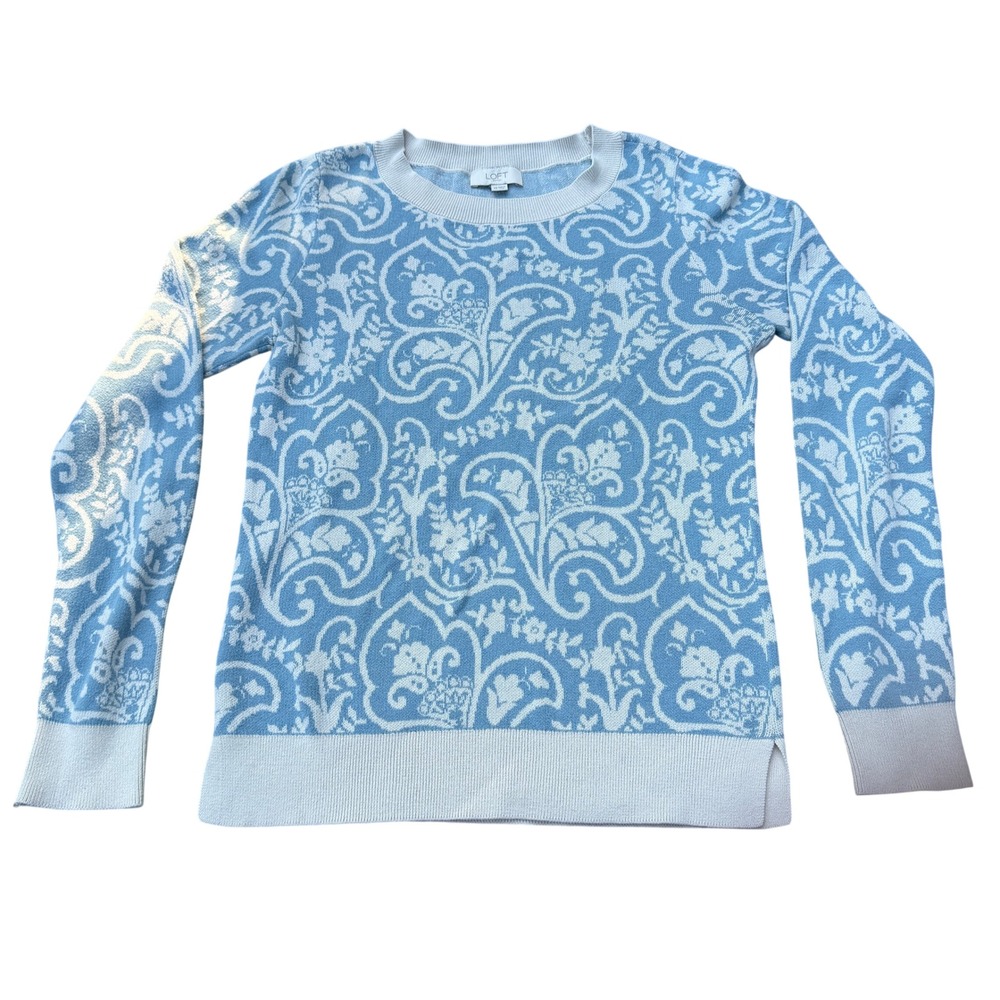 LOFT Outlet Sweater XS Blue White Paisley Floral Jacquard Crewneck‎ 100% Cotton